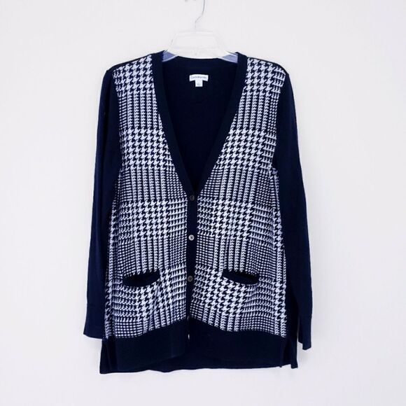 Croft & Barrow Black White Houndstooth Cardigan V Neck Sweater Size Large - Picture 1 of 6